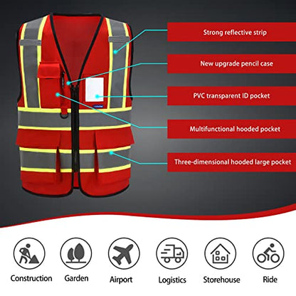 AYKRM Security Vest for Men Women 7 Pockets High Visibility Reflective Safety Vest Front Zipper Meets ANSI/ISEA - color: Red-ems, size: XX-Large