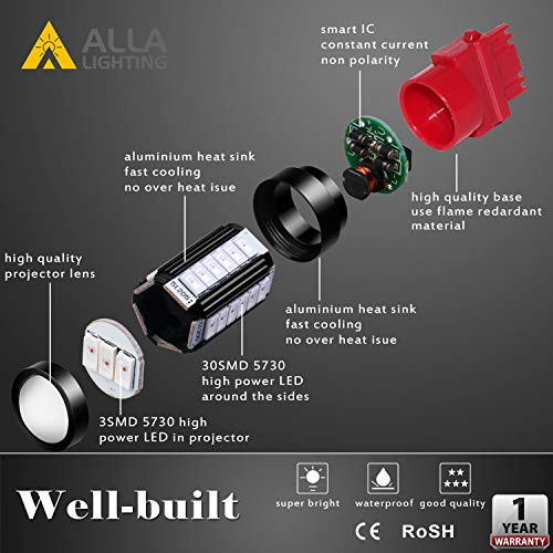 Alla Lighting 2800lm 3156 3157 LED Strobe Brake Lights Bulbs, Pure Red Xtreme Super Bright T25 Wedge 5730 33-SMD 12V Flashing Stop Lamps 3057 3457 4157 4057 3056 3057K 4057KX 3157LL