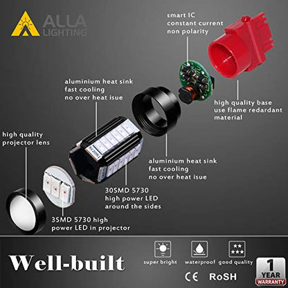 Alla Lighting 2800lm 3156 3157 LED Strobe Brake Lights Bulbs, Pure Red Xtreme Super Bright T25 Wedge 5730 33-SMD 12V Flashing Stop Lamps 3057 3457 4157 4057 3056 3057K 4057KX 3157LL