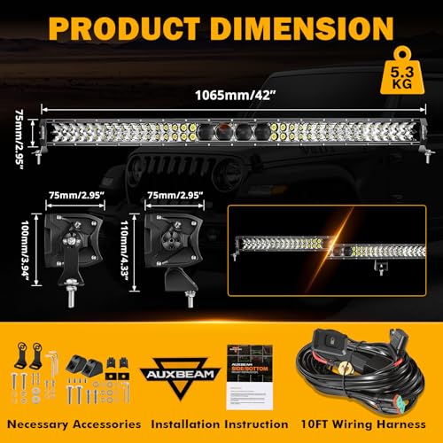 Auxbeam 42 Inch 360W LED Light Bar, 5D Pro Series Dual Row Spot Flood Combo Off Road Lights, 44000LM Driving Off Road Lights with 10FT Wiring Harness Kit for Jeep SUV UTV ATV Pickup Truck - size: 42" 360W