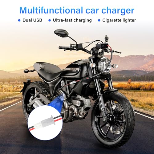 12V Motorcycle Dual USB Charger, Car Charger Power Outlet Waterproof Adapter with Cigarette Lighter Socket and Voltmeter for Phones/Tablets/GPS