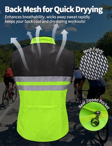 WOSAWE Men's High Visibility Cycling Wind Jacket Water Resistance Reflective Windbreaker - color: Green Vest 205, size: X-Large