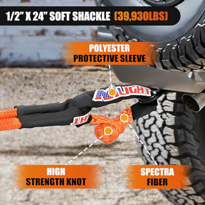 Nilight Kinetic Recovery Tow Rope Kit with 2 Soft Shackle 1-1/8inx30ft Heavy Duty Offroad Tow Rope Snatch Strap Towing Strap kit 48,000LBS for UTV ATV SUV Truck Car Jeep Tractor - color: 1/8inx30ft Rope+ 2 Pcs Soft Shackle