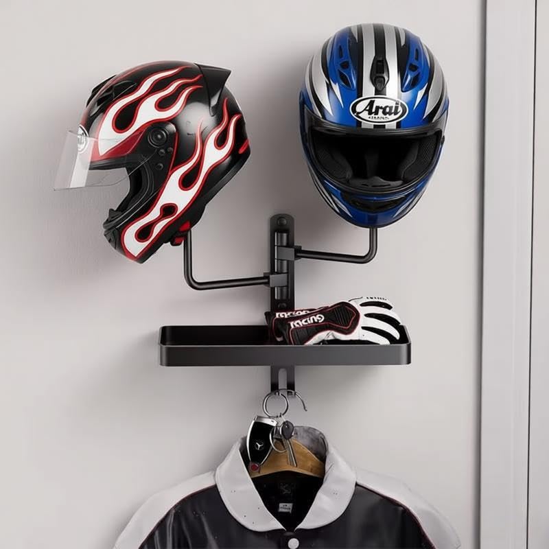Double Helmet Wall Mount with Storage Tray and Hook, Metal Helmet Stand Rack Display Dual Helmet Organizer for Motorcycle Bicycle ATV Helmet Cowboy Hat Holder Football Helmets Gifts