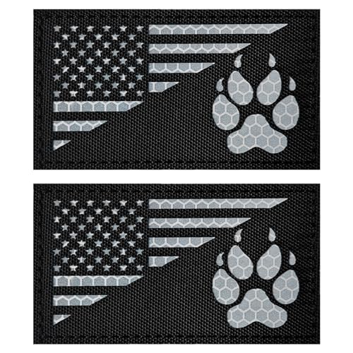 2Pcs Reflective American Flag(with Dog Tracking Paw) Patches Set, Tactical US Flag Patches Full Embroidery Military Patch for Caps Bags Vests Military Uniform - color: Reflective American Flag (with Dog Tracking Paw)