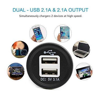 Dual USB Power Adapter Charger Socket Waterproof Power Outlet 5V 2.1A & 1A for Car Boat Marine Motorcycle RV Truck Camper Vehicles and More
