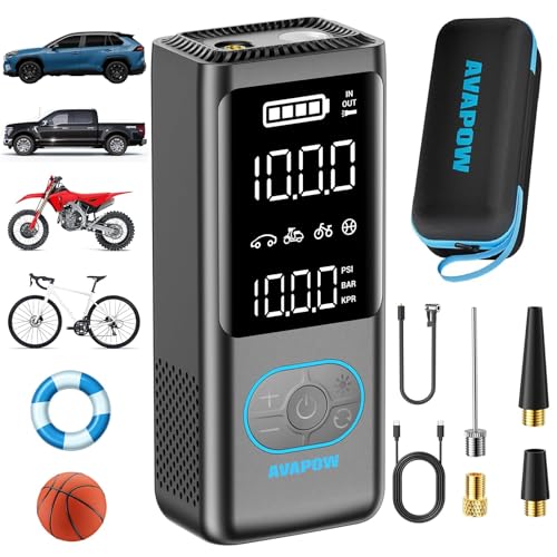AVAPOW Portable Tire Inflator, 150 PSI Cordless Air Compressor with Digital Gauge, 3.7″ LCD, Auto Shut-Off, Fast Inflation, USB-C Rechargeable PD 20W for Cars, Bikes, Motorcycle & Emergencies