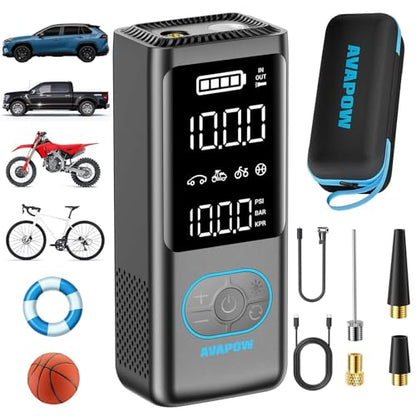 AVAPOW Portable Tire Inflator, 150 PSI Cordless Air Compressor with Digital Gauge, 3.7″ LCD, Auto Shut-Off, Fast Inflation, USB-C Rechargeable PD 20W for Cars, Bikes, Motorcycle & Emergencies