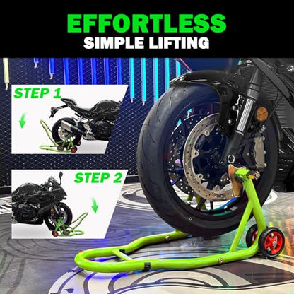 MOTO4U Motorcycle Stands Front and Rear, Front Rear Combo Stand Universal Wheel Lift Stand Swingarm Spool Lift Stand Paddock Stand Green - size: Front & Rear Stand Green