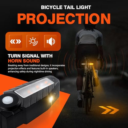 Upgrade Bike Tail Light with Projection USB Rechargeable Bike Turn Signals 150 Lumen Ultra Bright Turn Signals for Bicycle with Alarm Horn Bicycle Rear Light for Night Riding, 5 Mode