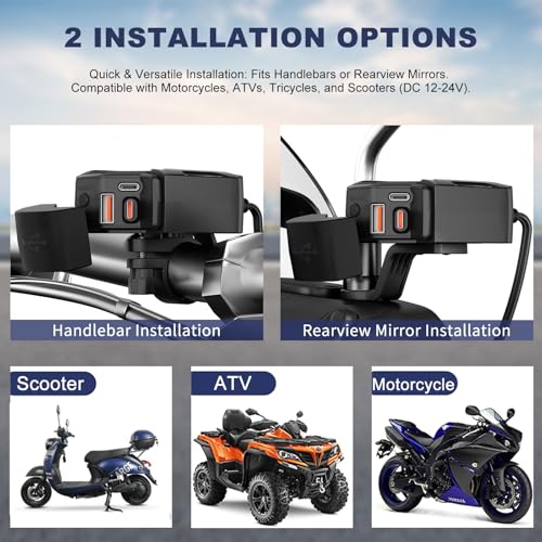 Motorcycle USB Charger, Retractable Type-C & Dual USB Fast Charging, Independent Switch, 3-in-1 SAE to USB Adapter with 1.5m Extension, LED Voltmeter, Waterproof for Dirt Bike, ATV, UTV