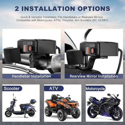 Motorcycle USB Charger, Retractable Type-C & Dual USB Fast Charging, Independent Switch, 3-in-1 SAE to USB Adapter with 1.5m Extension, LED Voltmeter, Waterproof for Dirt Bike, ATV, UTV