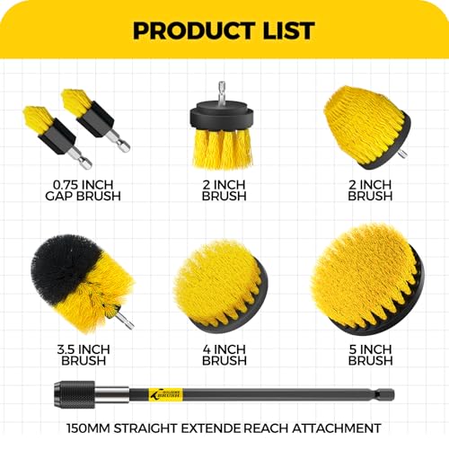 Holikme 8 Piece Drill Brush Attachments Set, Power Scrubber with Extend Long Attachment，Cleaning Supplies for Bathtub, Shower, Grout, Tile(Yellow) - color: Yellow