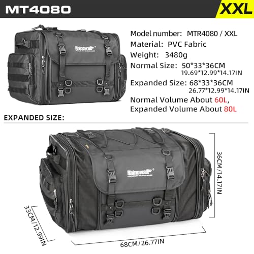 Rhinowalk Motorcycle Tail Bag, Expandable Motorcycle Travel Luggage Bags 80L, Waterproof All-Weather Trunk Rack Bag with Sissy Bar Straps & Helmet Rain Cover-Black - color: Black 60-80L