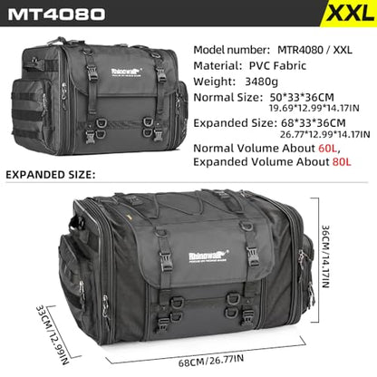 Rhinowalk Motorcycle Tail Bag, Expandable Motorcycle Travel Luggage Bags 80L, Waterproof All-Weather Trunk Rack Bag with Sissy Bar Straps & Helmet Rain Cover-Black - color: Black 60-80L