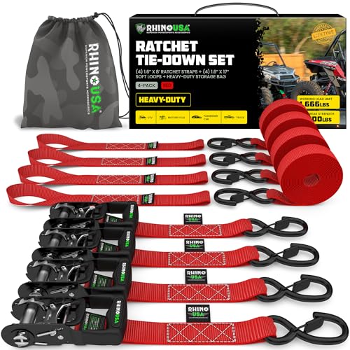 Rhino USA Ratchet Straps Heavy Duty Kit (4-Pack) - 1.6 Inch x 8 Feet Min Break Strength (5,000) - Ultimate Tie Down Straps with Safety S Hooks for Trucks, ATV, UTV, Motorcycle, Cargo & More - Red - color: Red, size: 8ft - 4 Pack