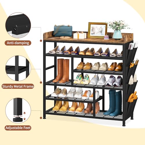EnHomee Shoe Rack for Entryway, 6 Tier Shoe Organizer with Adjustable Shelves, 22 Pairs, Shoe Shelf with Wooden Top and Side Pocket for Closet, Entryway, Living Room, Rustic Brown & Black