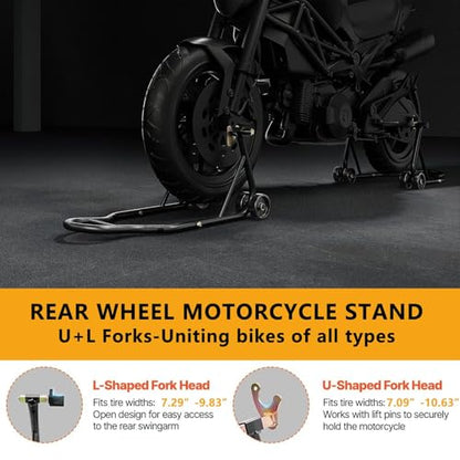 Motorcycle Stand 850LBS Heavy Duty Rear Wheel Lift, U+L Fork Combo Swingarm Spool Paddock Stand for Sport & Dirt Motorcycles, Black