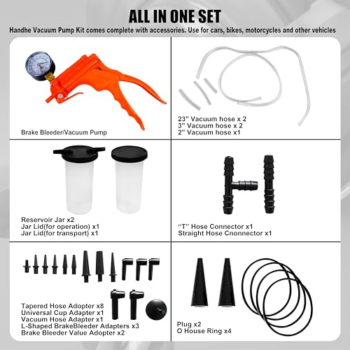 SGT 2 in 1 Brake Bleeder Kit,Brake Bleeding Kit with Hand Vacuum Pump and Adapters,for Brake Fluid Power Steering Fluid More,Vacuum Brake Bleeder Pump with Case & Gloves