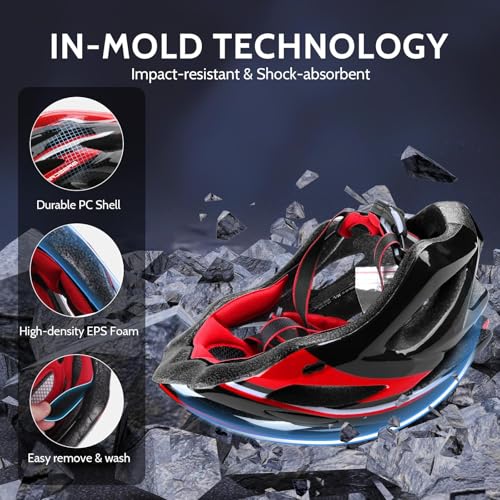 Bike Helmet Men Women, Shinmax Bicycle Helmet with Rear Light and Detachable Visor - color: Black/Red/White, size: Medium (54-58 cm)