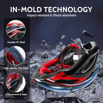 Bike Helmet Men Women, Shinmax Bicycle Helmet with Rear Light and Detachable Visor - color: Black/Red/White, size: Medium (54-58 cm)
