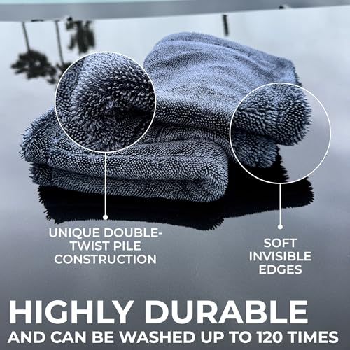 2X Medium Car Drying Towel, 1300 GSM Professional Car Towel with Double Twisted Loop,Super Absorbent Large Microfiber Drying Towels for Cars, Trucks, SUVs - 16"x16" 2-Pack, Gray - color: Gray