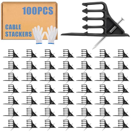 100Pcs Cable Stackers, Cable Staples Clips with Steel Nails, Electrical Wire stackers,Insulated Cord Staples Multi Cable Wire Clips for Suitable Most Cables - color: Black-Without Locking Clip