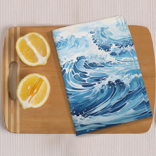 Ocean Waves Kitchen Towels Set of 2 Summer Sea Dish Towels Bar Absorbent Cleaning Tea Towel for Home Dining Restaurants - color: Blue