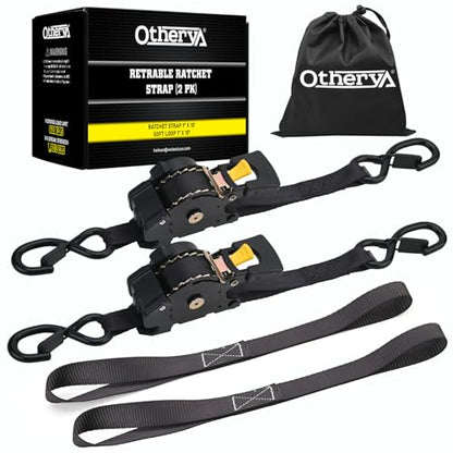 Retractable Ratchet Straps | 2 Heavy Duty Ratchet Straps Self Retractable Tie Down Straps with Soft Loops & Storage Bag for Motorcycle, Truck, Trailer | 1100 Lb Break Strength 1” x 7’ - size: 2 Pack