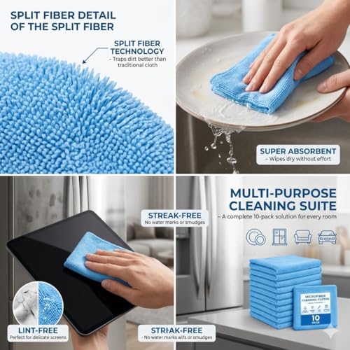 Multi-Purpose Microfiber Cleaning Cloths, Grey, 10 Pack, 9.8" x 9.8" | Highly Absorbent, Kitchen Dish Towels, Lint-Free, Reusable, For House, Car, Window - color: Grey