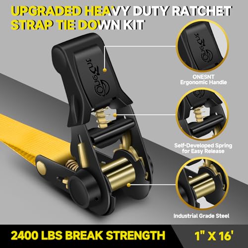 4Pcs Ratchet Tie Down Straps Kit for 2400lb Break Strength | 1” x 16FT Tie Down Straps with Soft Loop Tie-Downs & Safety S Hook - Cargo Strap Tie Down for Trucks, Motorcycle, Moving, Appliances-Yellow - color: Yellow