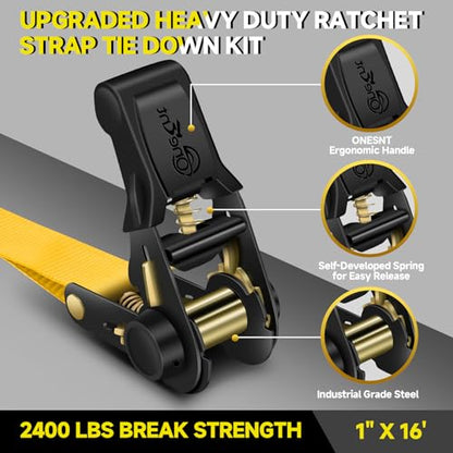 4Pcs Ratchet Tie Down Straps Kit for 2400lb Break Strength | 1” x 16FT Tie Down Straps with Soft Loop Tie-Downs & Safety S Hook - Cargo Strap Tie Down for Trucks, Motorcycle, Moving, Appliances-Yellow - color: Yellow