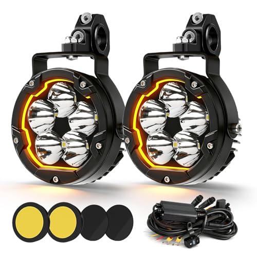 CO LIGHT 4 Inch Motorcycle Fog Lights 80W 16000LM White Yellow Auxiliary Lights Spot Beam Amber DRL with Amber and Black Mask Wiring Harness for Motorcycle ATV UTV ADV Night Riding Dual Brackets 2PCS - color: D041