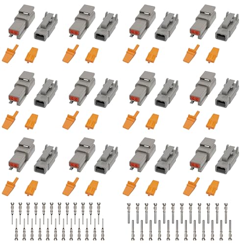 Deutsch DTM Grey 2 Pin Connectors 12 Sets, Waterproof Electrical Wire Connector with Stamped Contacts and Seal Plug for Truck, Off-Road Vehicles, Construction, Agriculture, Marine, Motorcycle Wiring - size: 2Pin-12 Set