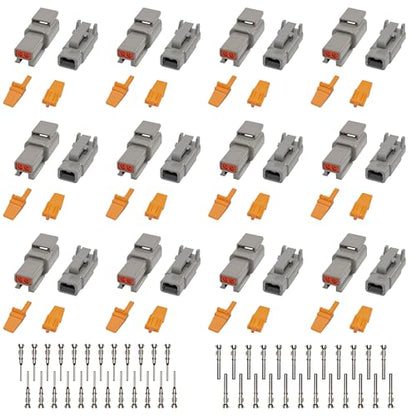 Deutsch DTM Grey 2 Pin Connectors 12 Sets, Waterproof Electrical Wire Connector with Stamped Contacts and Seal Plug for Truck, Off-Road Vehicles, Construction, Agriculture, Marine, Motorcycle Wiring - size: 2Pin-12 Set