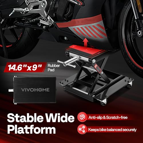 VIVOHOME 1100 Lbs Motorcycle Lift Jack, Steel Wide Deck ATV Scissor Lift with Dolly Wheels & Hand Crank, Bike Garage Repair Hoist Stand for Maintenance, Black - color: Black