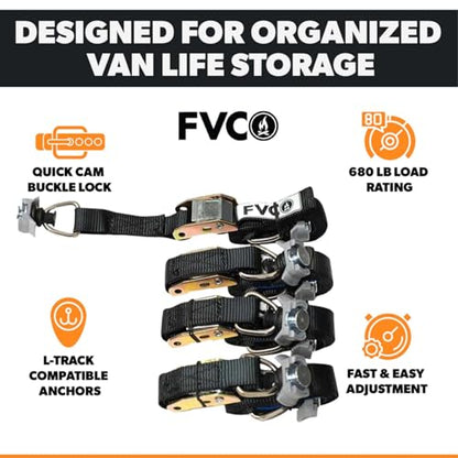 Flatline Van Co Heavy-Duty 1-Inch Cam Strap System - Adventure Van L-Track Anchors - 680 lb Nylon Cam Buckle Straps & Cam Buckle Tie Down Straps, 4-Pack 96"