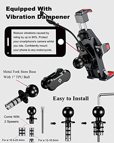 BRCOVAN Motorcycle Fork Stem Phone Mount with Qi 15W Wireless Charger & Vibration Dampener, Anti-Theft, Anti-Shake, Adjustable, Aluminum Alloy Motorcycle Cellphone Holder for 4.7-7.2'' Smartphone
