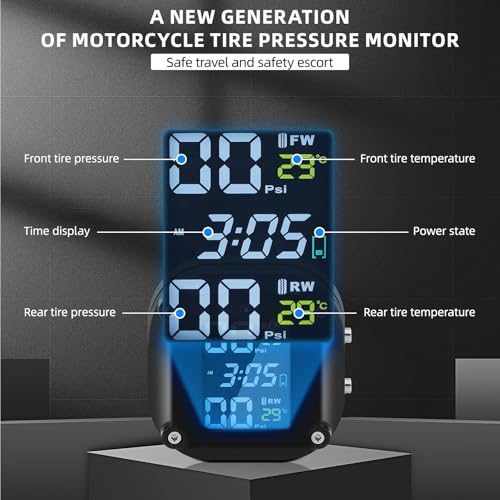 Motorcycle Tire Pressure Monitoring System, Motorcycle TPMS System with 2 External Sensors, LCD Display, IP67 Waterproof Dustproof, Motorbike Tyre Temperature Alarm, Two-Wheeled Motorcycle TPMS
