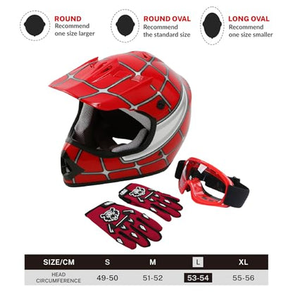 SLMOTO Dot Youth and Kids Motocross Offroad Street Helmet Motorcycle Helmet Dirt Bike Motocross ATV Helmet+Goggles+Gloves, Red, L - color: Red Spider, size: Large