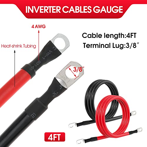 4 AWG Battery Cable 4AWG Gauge Pure Copper Battery Inverter Cables with 3/8 in Lugs Both Ends Power Inverter Wire Set for Automotive Solar Marine Boat RV Car Motorcycle Red and Black (4FT) - size: 4ft