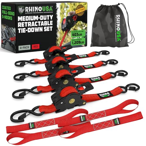 Rhino USA Retractable Ratchet Straps (4-Pack) - 1 Inch x 10 Feet (1,209lb Break Strength) - Auto Self Retracting Tie Down Straps for Truck, Cargo Trailer, Motorcycle, ATV, UTV - Red - color: Red, size: 4 Pack