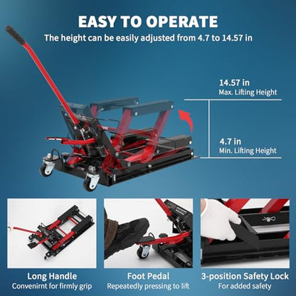 GarveeLife Hydraulic Motorcycle Lift Jack, Scissor Jack with with Foot Pedal & Wheels, 1500LB Capacity, 4.7''-14.57'' Height Range, Non-Slip Platform & 360° Swivel Casters, ATV/UTV/Dirt Bike Lift - color: Red