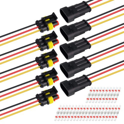 TMH 5 Sets of 3 Pin Electrical Connector Male and Female, 10cm. 22 AWG Waterproof Wire Connectors Automotive 3 Way with Heat Shrink Tubing for Car Truck Boat Wire Connection - size: 3 Pin - 5 Sets