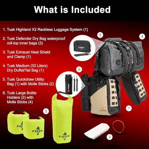 TUSK Highland X2 Rackless Luggage System w/Medium Dry Duffel/Large Bottle Holders Standard Heat Shield Black/Tan - color: Black/Tan, size: Medium Dry Duffel/Large Bottle Holders, style: Standard Heat Shield