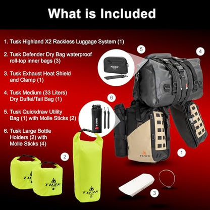 TUSK Highland X2 Rackless Luggage System w/Medium Dry Duffel/Large Bottle Holders Standard Heat Shield Black/Tan - color: Black/Tan, size: Medium Dry Duffel/Large Bottle Holders, style: Standard Heat Shield