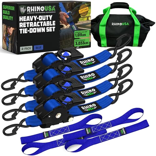 Rhino USA Retractable Ratchet Straps (4-Pack) - 2 Inch x 10 Feet (3,033lb Break Strength) - Heavy Duty Auto Self Retracting Tie Down Straps for Truck, Cargo Trailer, Motorcycle, Rad & More - Blue - color: Blue, size: 4PK