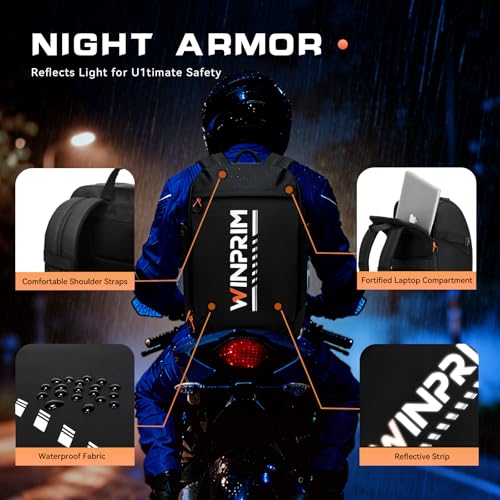 Motorcycle Helmet Backpack Large Capacity Reflective Waterproof Laptop Backpack with Padded Electronics Compartment Mochilas Para Motociclistas for Cycling Hiking Riding - style: Black