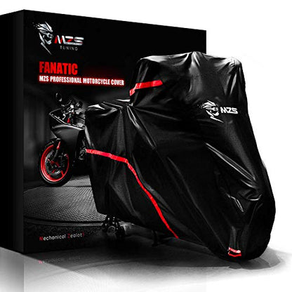 MZS Motorcycle Cover - All Season Weather Outdoor Waterproof Protection fits up to 96 inch XL Compatible Sport Bikes Cruiser - Tear Scratch Wind Proof Sunblock Vents Night Reflective Buckle - size: X-Large 96 inches