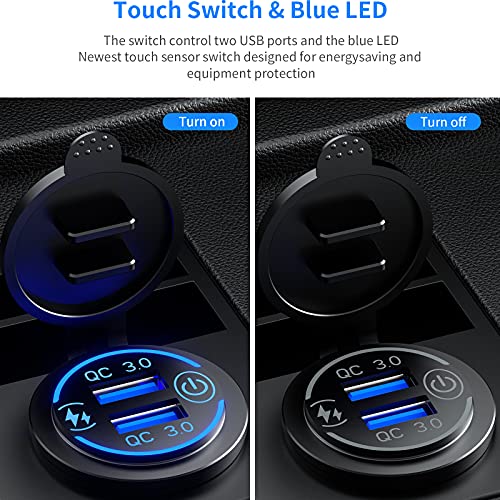 KEWIG Quick Charge 3.0 Dual USB Charger Socket Waterproof 36W 12V 24V USB Outlet Fast Charge with Touch Switch & Blue LED DIY Kit for Car Boat Marine ATV Bus Truck Golf Cart and More